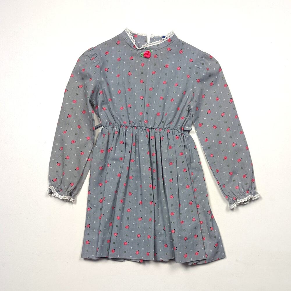 Vintage Nannette Dress Girls Size 5 Gray Rose Floral Mock Neck Long Sleeve